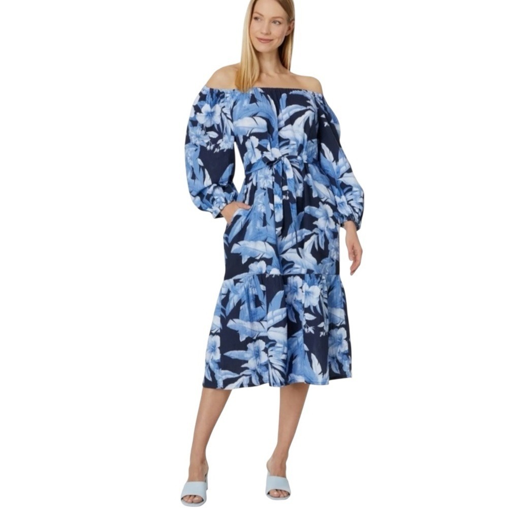 Tommy Bahama Size Large Island Gauze Daybreak Hibiscus Navy Blue Dress NWT